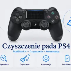 Czyszczenie pada PS4 DualShock 4. Ikony diagnostyki, czyszczenia, konserwacji i testu działania.