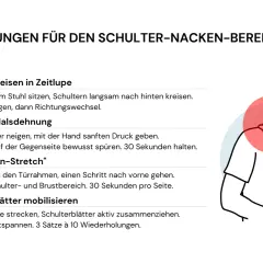 Übungen für starke Kopf- und Nackenschmerzen: Schulterkreisen, Halsdehnung, Türrahmen-Stretch, Schulterblätter mobilisieren. Illustration zeigt Nackenbereich.