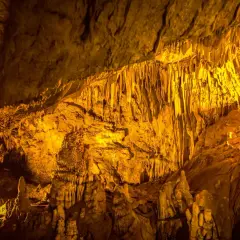 Wnętrze jaskini z naciekami i stalaktytami, oświetlone ciepłym, żółtym światłem. Jedna z wielu **alanya atrakcji** podziemnych.