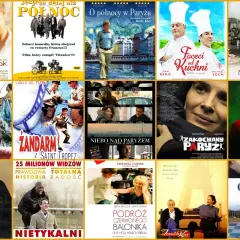Plakat filmowy z kolażem okładek francuskich filmów, m.in. "Amelia", "Zakochanego Paryża".