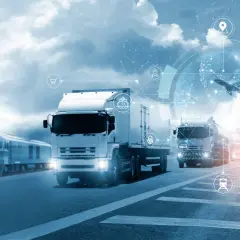 Nowoczesny transport i spedycja: ciężarówki, pociąg, samolot i statek, połączone globalną siecią logistyczną.