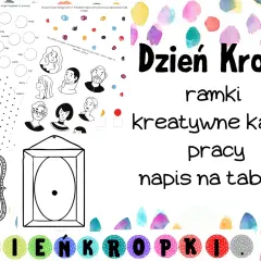 Kolorowe kropki, rysunki postaci, ramka i napis "Dzień Kropki" na tle akwarelowych plam.