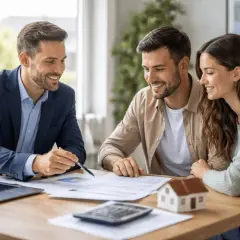 Un asesor explica a una pareja joven qué es un broker hipotecario, revisando documentos y un modelo de casa.