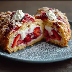Ein saftiger Erdbeerkuchen mit Sahnefüllung und Streuseln. So lecker kann man mit Erdbeeren backen!
