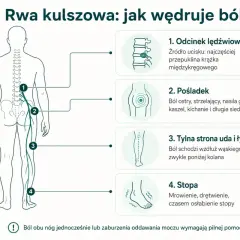 Rwa kulszowa objawy: ból od odcinka lędźwiowego przez pośladek, udo, łydkę aż do stopy.