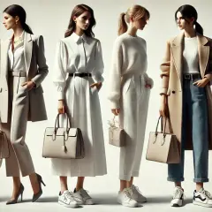 Sześć kobiet prezentuje stylizacje smart casual: eleganckie spodnie, płaszcze i stylowe dodatki.