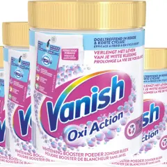 Kilka opakowań proszku do prania Vanish Oxi Action z żółtymi nakrętkami.