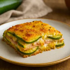 Una fetta di parmigiana di zucchine in friggitrice ad aria, con strati di zucchine, prosciutto e formaggio filante, dorata e croccante.