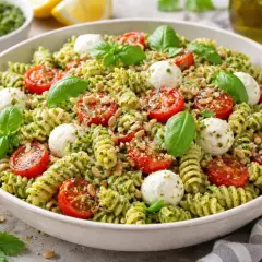 Ensalada de pasta con pesto, tomates cherry, mozzarella y piñones.