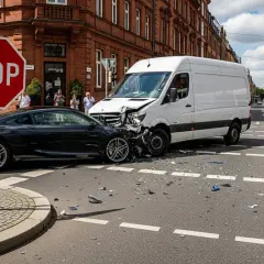 Unfall nach Vorfahrt genommen: Ein schwarzer Sportwagen und ein weißer Lieferwagen sind kollidiert. Trümmerteile liegen auf der Straße.