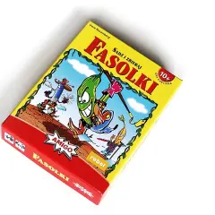 Pudełko gry karcianej "FASOLKI" z zabawnymi, antropomorficznymi warzywami w akcji.