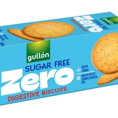 Opakowanie ciastek Gullón Zero Sugar Free Digestive Biscuits z dwoma ciastkami na wierzchu.