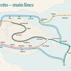 Mapa de rutas del vaporetto en Venecia, mostrando el Gran Canal y líneas a Murano y Burano.