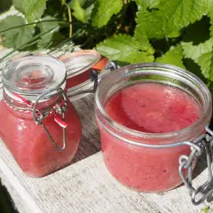 Två glasburkar med rabarbermarmelad med kardemumma står på en träbänk utomhus, omgivna av gröna blad.