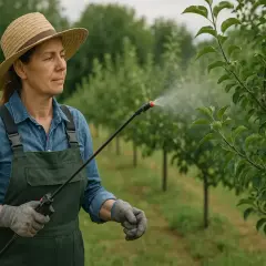 Kobieta w słomkowym kapeluszu i ogrodniczkach opryskuje drzewko owocowe z jabłkami.