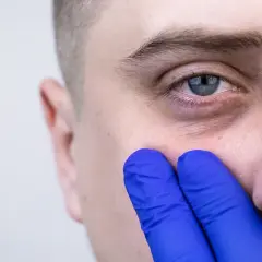 Dłoń w niebieskiej rękawiczce dotyka policzka, uwydatniając dolinę łez.