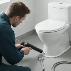 Man använder fogpistol för att montera toalettstol. Verktyg som skiftnyckel och slang ligger redo.