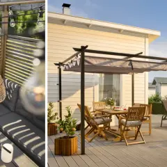 Mysig altan inspiration med bekväm soffgrupp, matplats och solstolar under pergola. Vackert ljus och grönska skapar en inbjudande atmosfär.