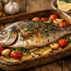 Dorada al horno, lista para servir. Cocinada a 180 grados con patatas, tomates y ajo.