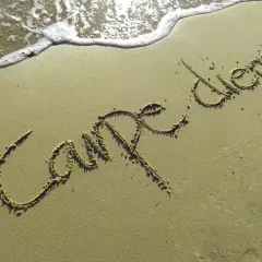 Napis "Carpe diem" na piasku, tuż przy falach. To przypomnienie o ulotnych chwilach i złotych myślach.