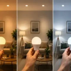 Tres ambientes con diferente iluminación: cálida, neutra y fría, mostrando una bombilla LED con luz de 6500k.