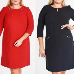 Dwie modelki plus size prezentują eleganckie sukienki wizytowe: czerwoną i czarną.