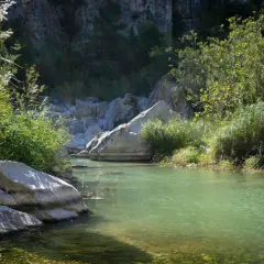 Aguas turquesas fluyen en la vía verde del Serpis, rodeadas de rocas y vegetación exuberante.