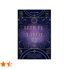 Portada de libro "Leer el Tarot" de Sirius Starlight, con ilustraciones celestiales y texto que promete desvelar el significado de las cartas del tarot.