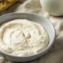 Domowy sos chrzanowy w misce, obok korzeń chrzanu. Po kilku dniach może stracić swój ostry aromat.
