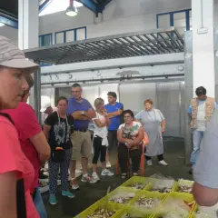 Gente en un mercado, con una lonja de muros al fondo.