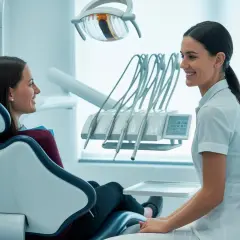 Uśmiechnięta higienistka stomatologiczna rozmawia z pacjentką siedzącą na fotelu dentystycznym.