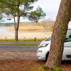 Un fourgon de 6 mètres est garé près d'un lac, à l'ombre d'un grand arbre. Le paysage est paisible, avec une plage de sable et des roseaux au loin.