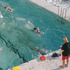 Trening pływacki dla początkujących w basenie przy oceanie. Kilka osób pływa, a instruktor obserwuje.
