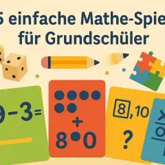 Bunte Karten mit Mathe-Aufgaben wie 9-3, Punktzahlen und Tic-Tac-Toe. Würfel und ein Bleistift deuten auf lustige Mathe-Spiele für Grundschüler hin.