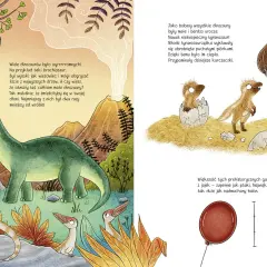Ilustracja przedstawia zielonego brachiozaura jedzącego liście, małe dinozaury wykluwające się z jajek i dorosłego tyranozaura.