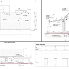 Projekt architektoniczno budowlany: przekrój, elewacja i zestawienie okien.