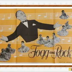Artysta i tancerki na tle nut. Plakat zapowiada "Fogg and Rock", być może piosenki Fogga alfabetycznie.