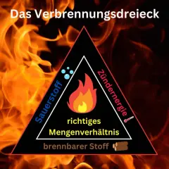 Das Verbrennungsdreieck erklärt, wie Feuer entsteht: Sauerstoff, Zündenergie und brennbarer Stoff müssen im richtigen Mengenverhältnis vorhanden sein.