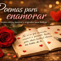 Un libro abierto con poemas de amor cortos, una rosa roja y corazones. Ideal para inspirar versos que enamoran.