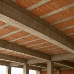 Konstrukcja stropu ceramiczno-betonowego, często wybierana jako tani strop. Widoczne belki betonowe i pustaki ceramiczne.