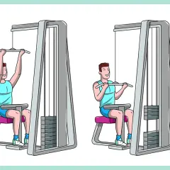 Uomo esegue esercizi bicipiti scheda con lat machine. Due posizioni mostrate per un allenamento completo.