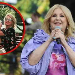 Majka Jeżowska z mężem Tomem Loganem. Ona śpiewa na scenie, on na zdjęciu w kółku.