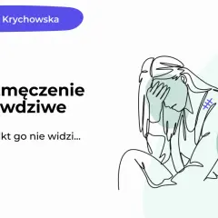 Ilustracja przedstawia kobietę z ręką na czole, symbolizującą zmęczenie. Tekst "Twoje zmęczenie jest prawdziwe" sugeruje, że to obrazek do testu na zmęczenie.