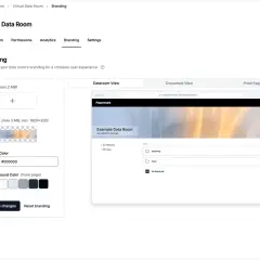 Interface de personnalisation du logiciel SI pour un "Virtual Data Room". Permet de définir logo, bannière, couleurs de marque et de fond.