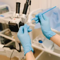Ręce w niebieskich rękawiczkach przygotowują próbkę do badania ginekologicznego pod mikroskopem.