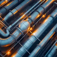 Skomplikowana sieć ciepłownicza z metalowymi rurami i oświetleniem, tworząca industrialny krajobraz.