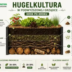Przekrój grządki podwyższonej hugelkultur: fundament z drewna, wypełnienie, warstwa azotowa, gleba i ściółkowanie. Idealna dla zdrowych roślin.