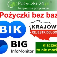 Szukasz pożyczki bez sprawdzania baz? Obraz pokazuje BIK, BIG InfoMonitor i Krajowy Rejestr Długów, sugerując, że takie pożyczki nie są możliwe.