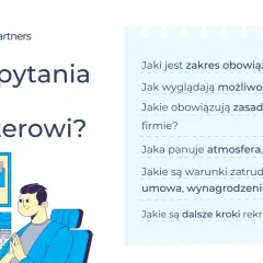 Ilustracja pokazuje, jakie pytania zadać rekruterowi, aby dowiedzieć się o obowiązkach, rozwoju, atmosferze i warunkach zatrudnienia.