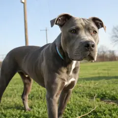 Un American Staff catégorie 1, un chien musclé au pelage gris, se tient dans un parc verdoyant sous un ciel bleu clair.